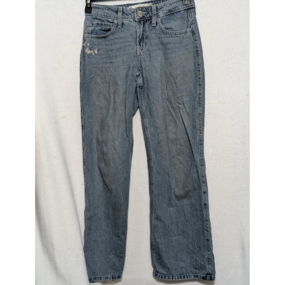 Hollister Low Rise Baggy Jeans Womens 000R W23 Blue Butterfly Embroidered Y2K